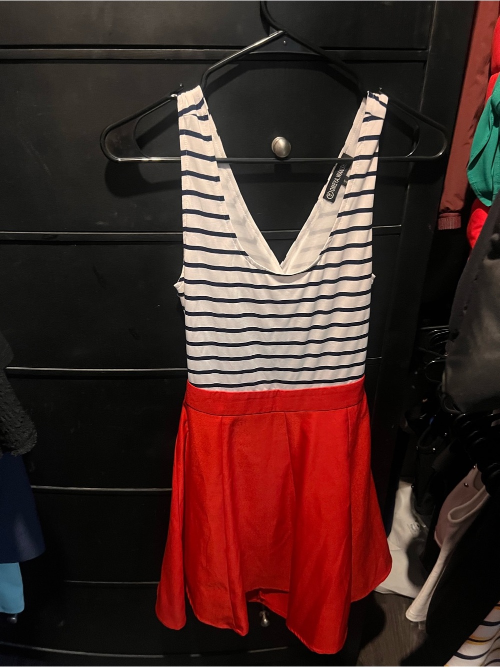Striped Navy & White Bodice with Red Skirt Casual Women's Dress